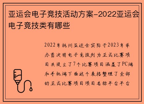 亚运会电子竞技活动方案-2022亚运会电子竞技类有哪些